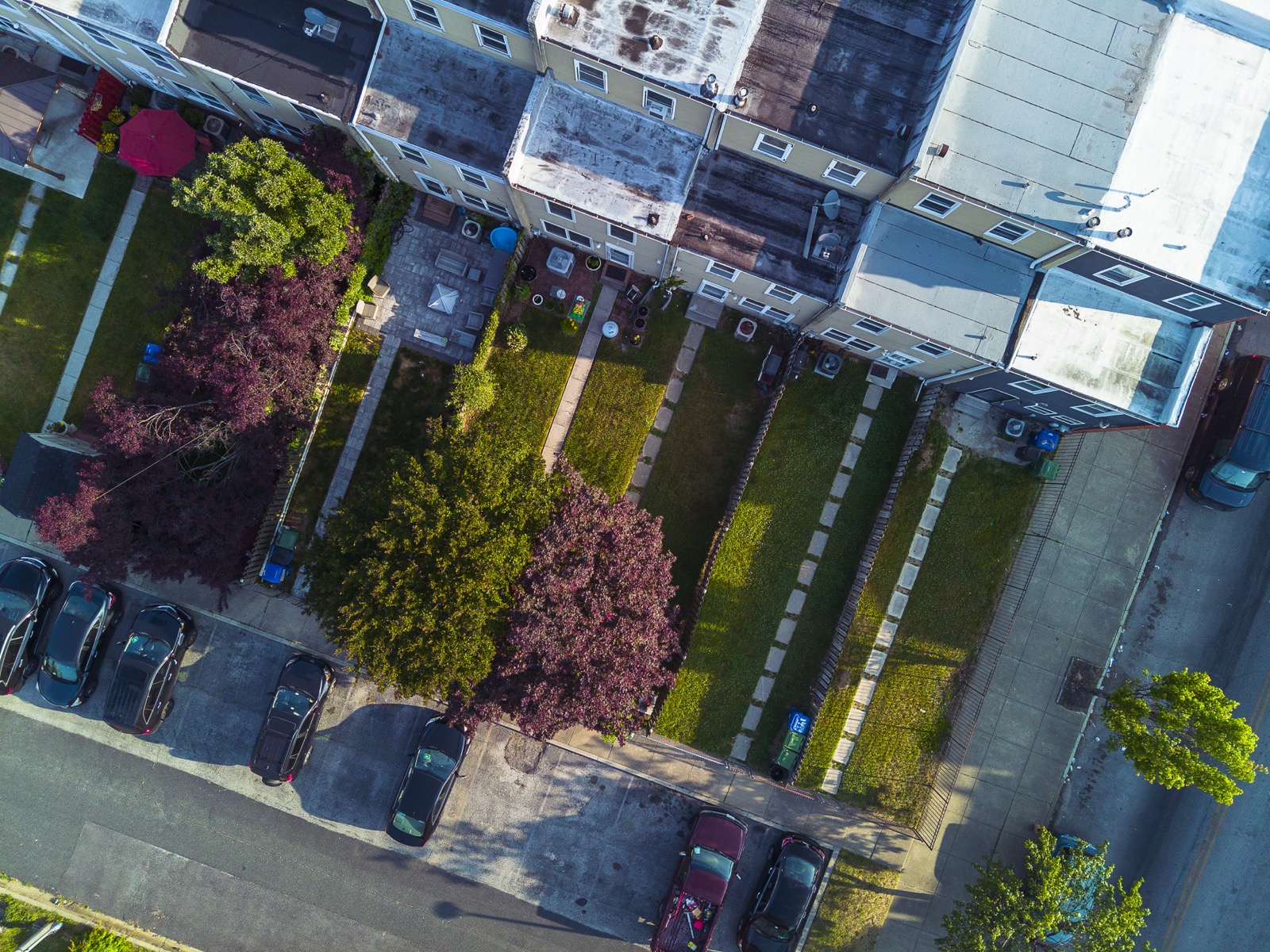 Aerial view of a residential neighborhood with rows of homes and yards